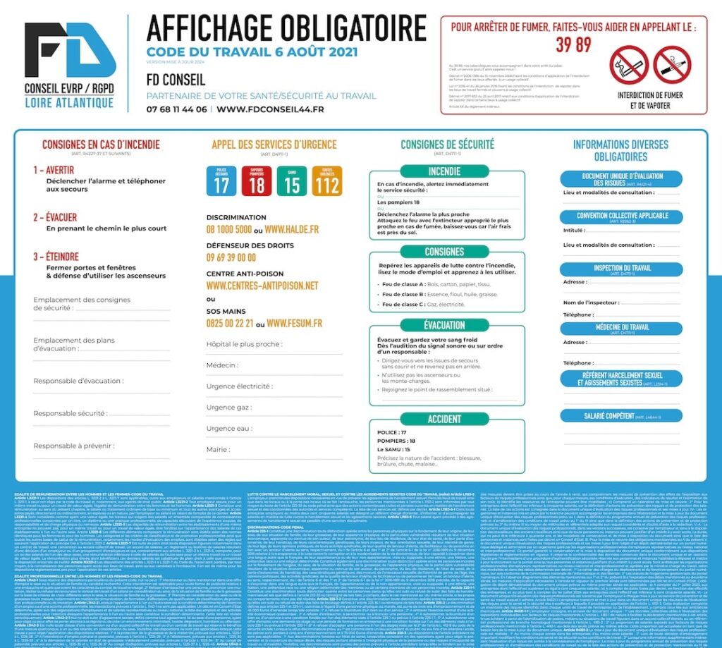 Panneau d'affichage obligatoire version 2024 par FD Conseil, dimensions 50 x 70 cm