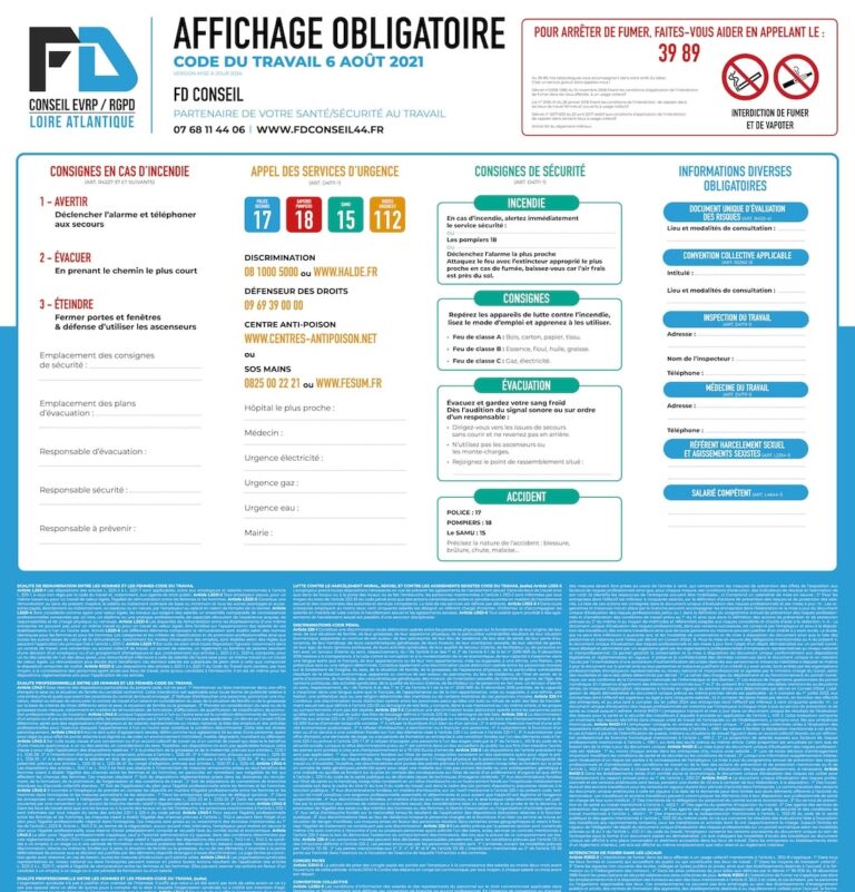 Panneau d'affichage obligatoire version 2024 par FD Conseil, dimensions 50 x 70 cm