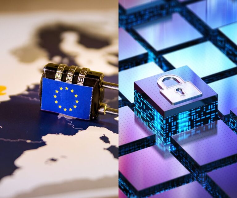 Cadenas avec drapeau de l'UE pour le RGPD et cadenas numérique symbolisant la cybersécurité.